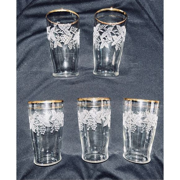 5 Vintage Bartlett Collins 4.75 " Frosted Grape Leaf Etched Gold Rim Glasses - Picture 1 of 3